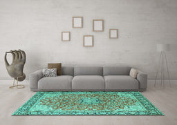 Machine Washable Persian Turquoise Traditional Area Rugs in a Living Room,, wshtr3361turq