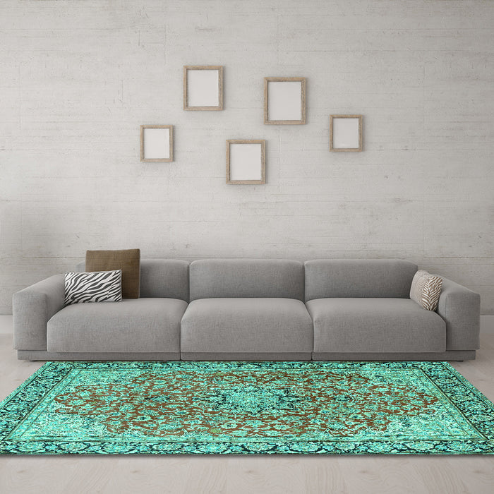 Machine Washable Persian Turquoise Traditional Area Rugs in a Living Room,, wshtr3361turq