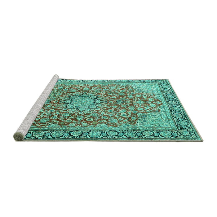 Sideview of Machine Washable Persian Turquoise Traditional Area Rugs, wshtr3361turq
