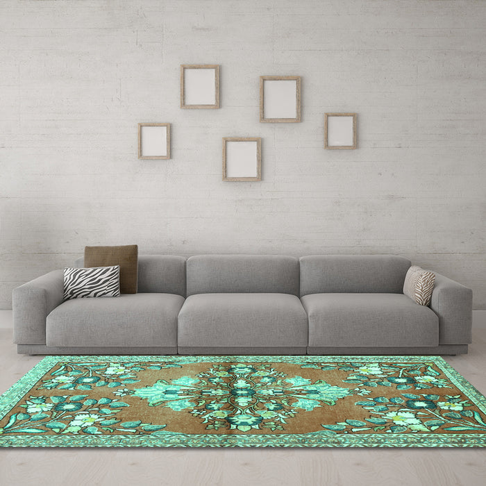 Machine Washable Animal Turquoise Traditional Area Rugs in a Living Room,, wshtr3370turq