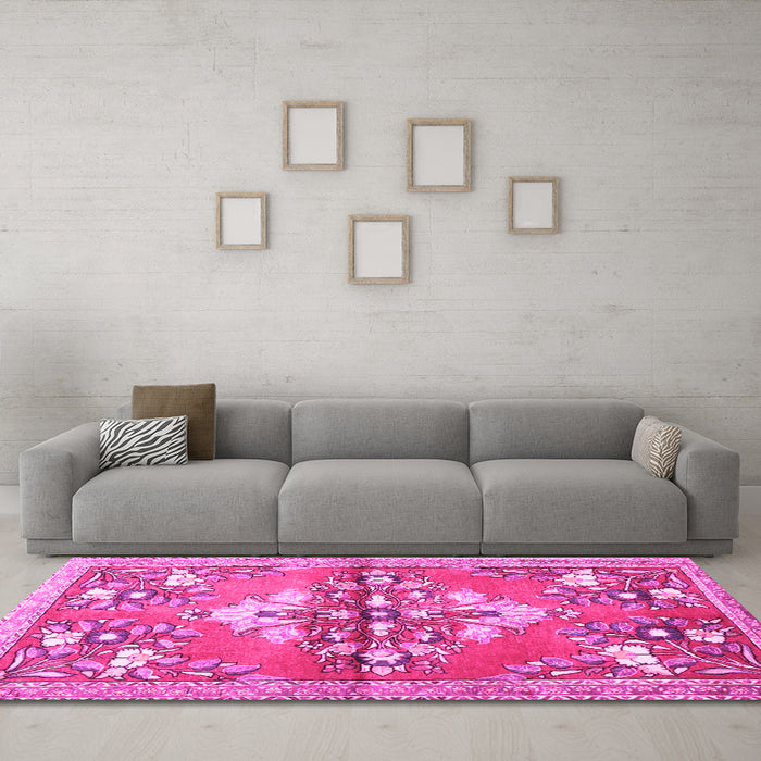 Machine Washable Animal Pink Traditional Rug in a Living Room, wshtr3370pnk