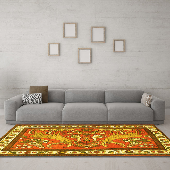 Machine Washable Animal Yellow Traditional Rug in a Living Room, wshtr3371yw