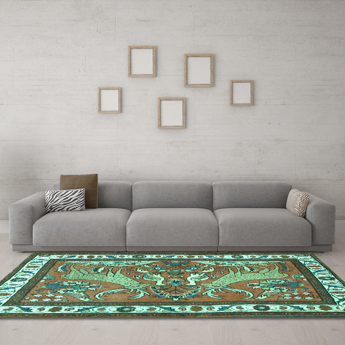 Machine Washable Animal Turquoise Traditional Area Rugs in a Living Room,, wshtr3371turq