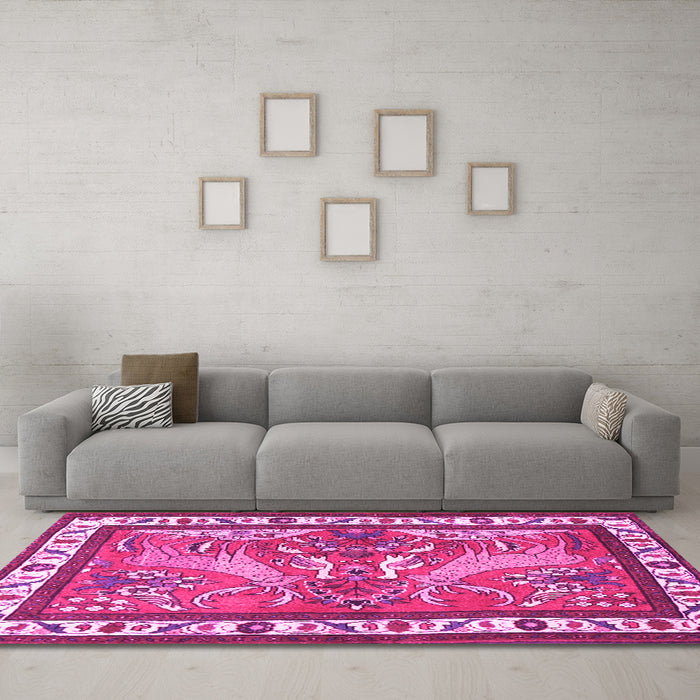 Machine Washable Animal Pink Traditional Rug in a Living Room, wshtr3371pnk