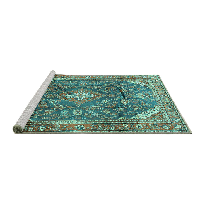 Sideview of Machine Washable Persian Turquoise Traditional Area Rugs, wshtr3374turq