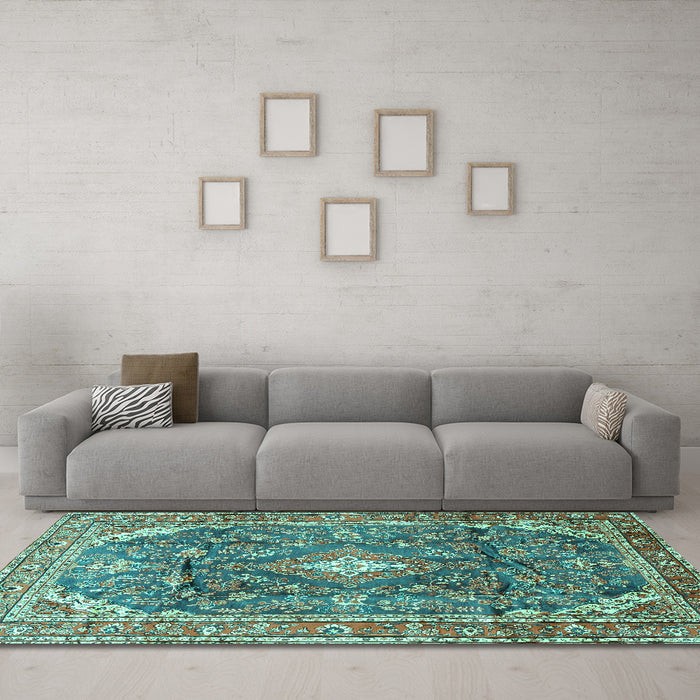 Machine Washable Persian Turquoise Traditional Area Rugs in a Living Room,, wshtr3374turq