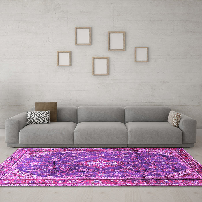 Machine Washable Persian Purple Traditional Area Rugs in a Living Room, wshtr3374pur