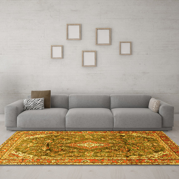 Machine Washable Persian Yellow Traditional Rug in a Living Room, wshtr3374yw