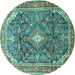 Round Machine Washable Persian Turquoise Traditional Area Rugs, wshtr3374turq