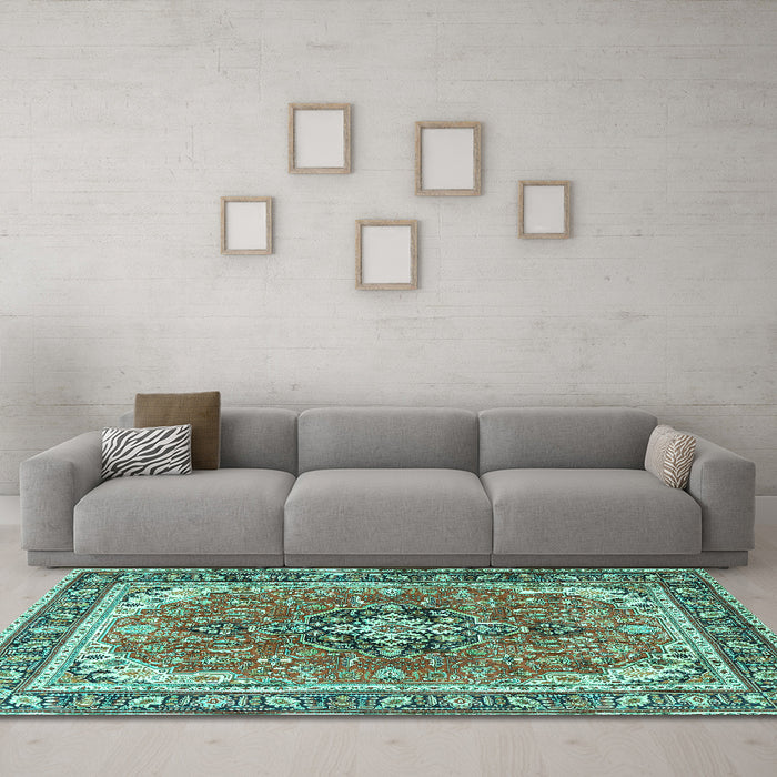 Machine Washable Persian Turquoise Traditional Area Rugs in a Living Room,, wshtr3375turq