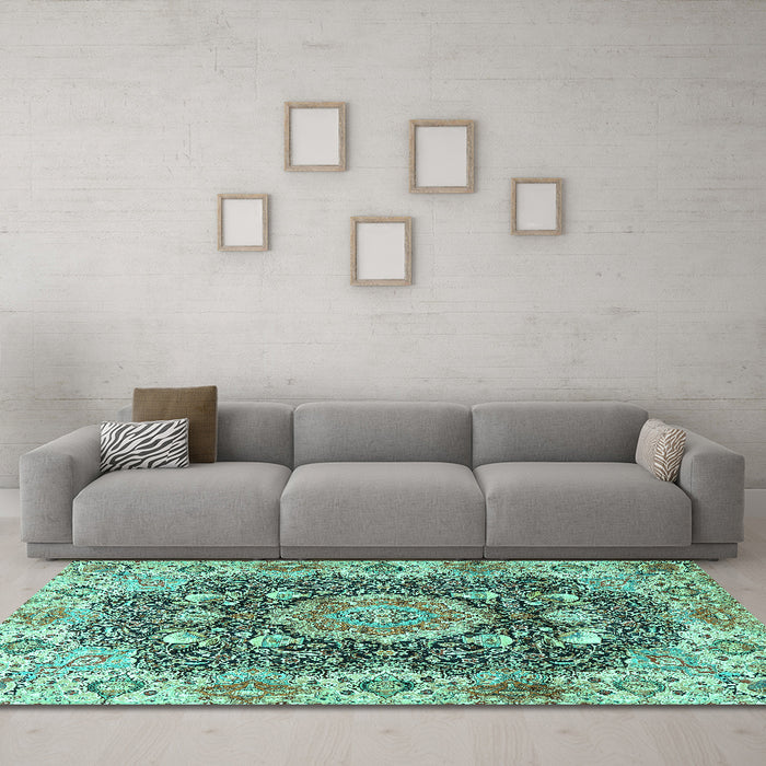 Machine Washable Persian Turquoise Traditional Area Rugs in a Living Room,, wshtr3376turq