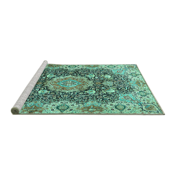 Sideview of Machine Washable Persian Turquoise Traditional Area Rugs, wshtr3376turq