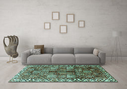 Machine Washable Persian Turquoise Traditional Area Rugs in a Living Room,, wshtr3377turq