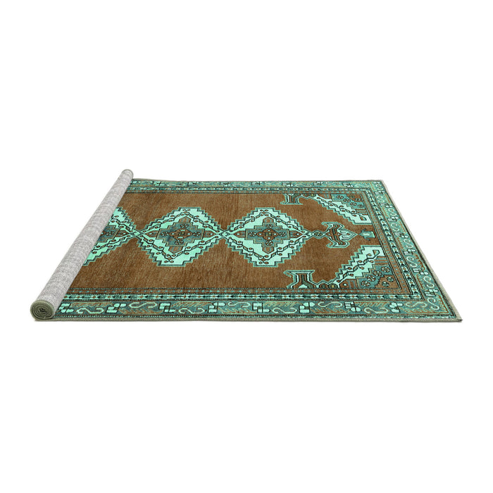 Sideview of Machine Washable Persian Turquoise Traditional Area Rugs, wshtr3378turq