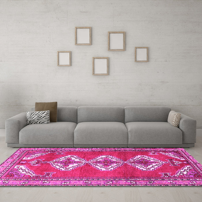 Machine Washable Persian Pink Traditional Rug in a Living Room, wshtr3378pnk