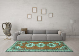 Machine Washable Persian Turquoise Traditional Area Rugs in a Living Room,, wshtr3378turq