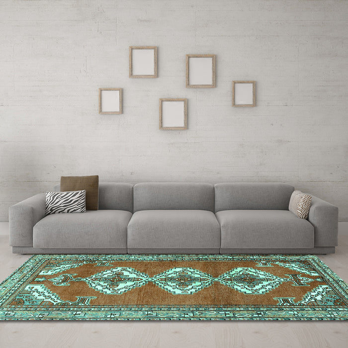 Machine Washable Persian Turquoise Traditional Area Rugs in a Living Room,, wshtr3378turq