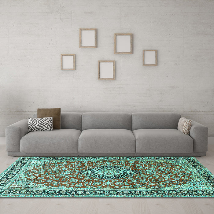 Machine Washable Medallion Turquoise Traditional Area Rugs in a Living Room,, wshtr3379turq