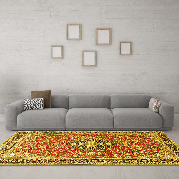 Machine Washable Medallion Yellow Traditional Rug in a Living Room, wshtr3379yw