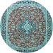 Round Machine Washable Medallion Light Blue Traditional Rug, wshtr3379lblu