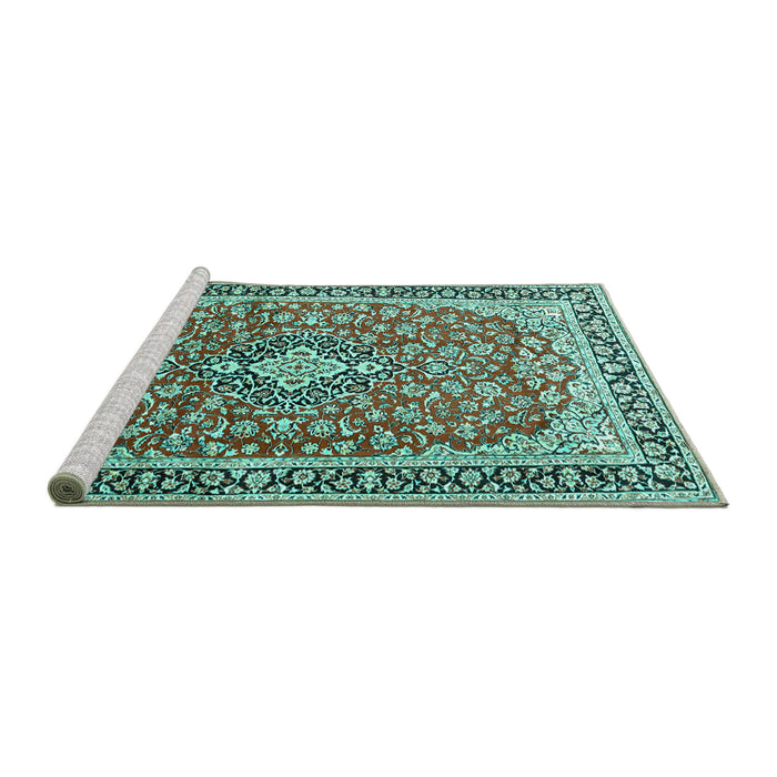 Sideview of Machine Washable Medallion Turquoise Traditional Area Rugs, wshtr3379turq