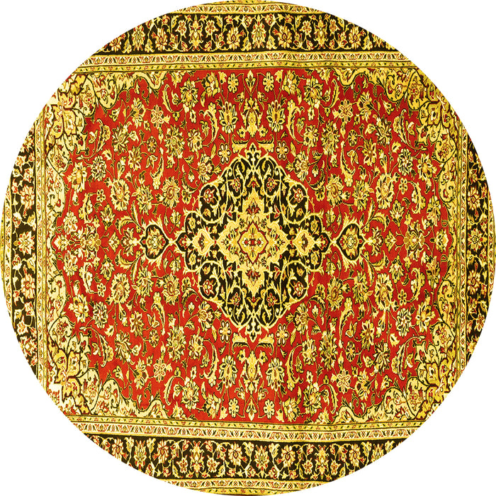Round Machine Washable Medallion Yellow Traditional Rug, wshtr3379yw