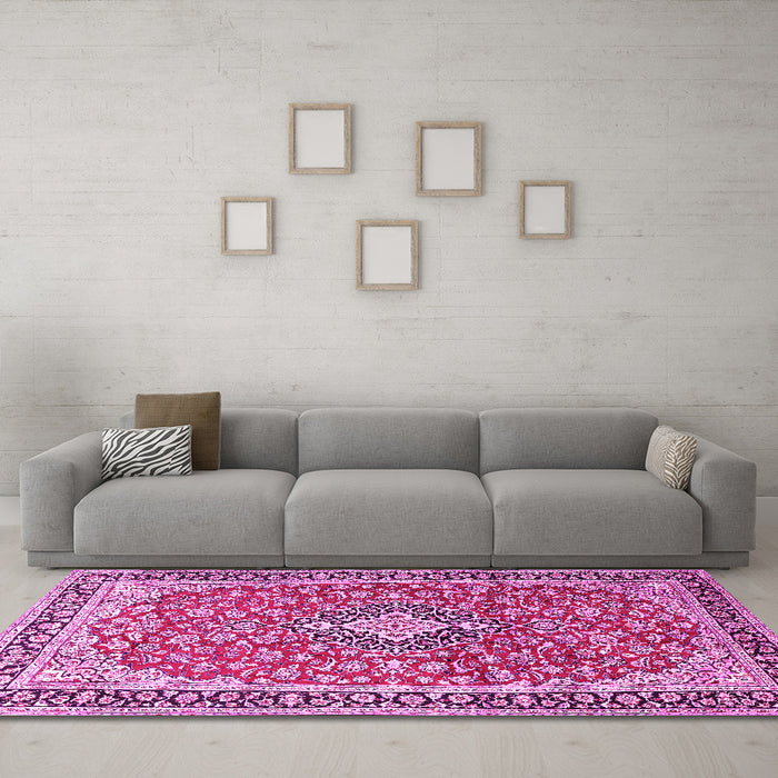 Machine Washable Medallion Pink Traditional Rug in a Living Room, wshtr3379pnk