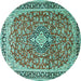 Round Machine Washable Medallion Turquoise Traditional Area Rugs, wshtr3379turq