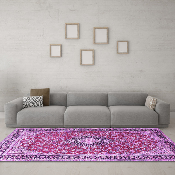 Machine Washable Medallion Purple Traditional Area Rugs in a Living Room, wshtr3379pur