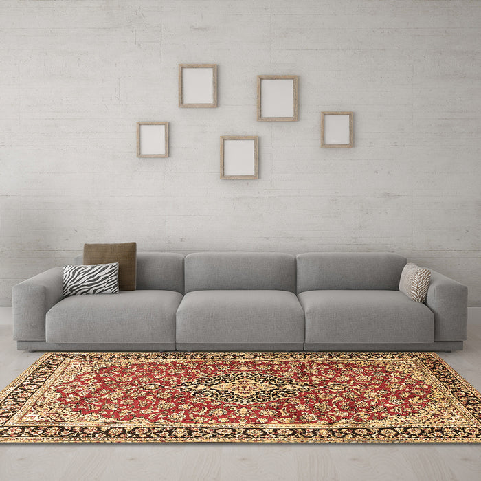 Machine Washable Medallion Brown Traditional Rug in a Living Room,, wshtr3379brn