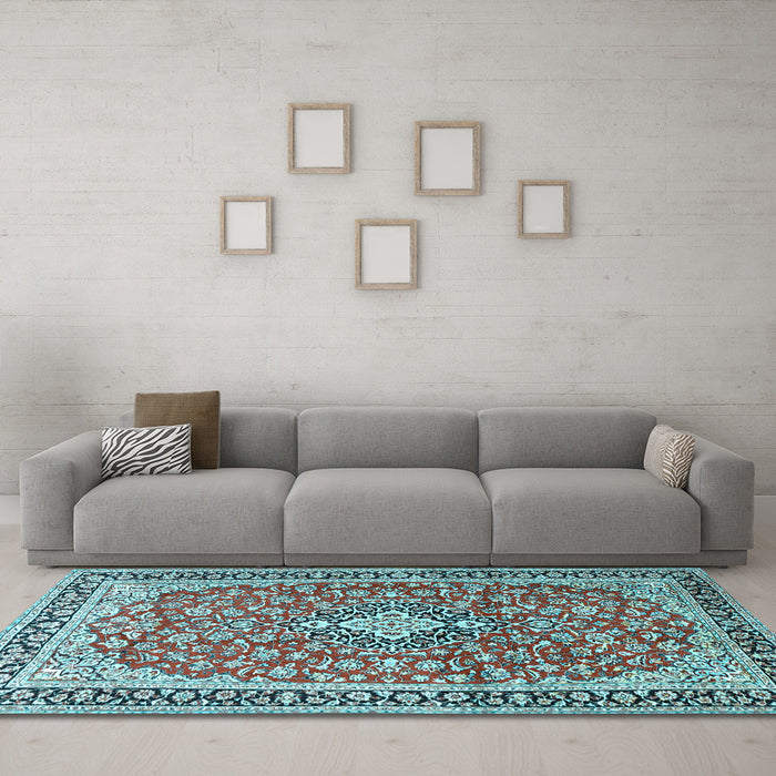 Machine Washable Medallion Light Blue Traditional Rug in a Living Room, wshtr3379lblu