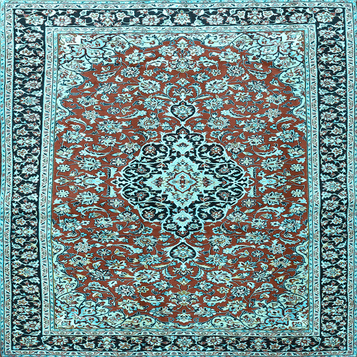 Square Machine Washable Medallion Light Blue Traditional Rug, wshtr3379lblu