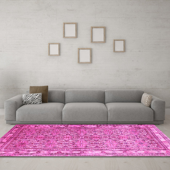 Machine Washable Persian Pink Traditional Rug in a Living Room, wshtr337pnk
