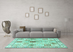Machine Washable Persian Turquoise Traditional Area Rugs in a Living Room,, wshtr3380turq