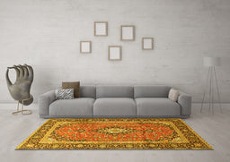 Machine Washable Medallion Yellow Traditional Rug in a Living Room, wshtr3381yw
