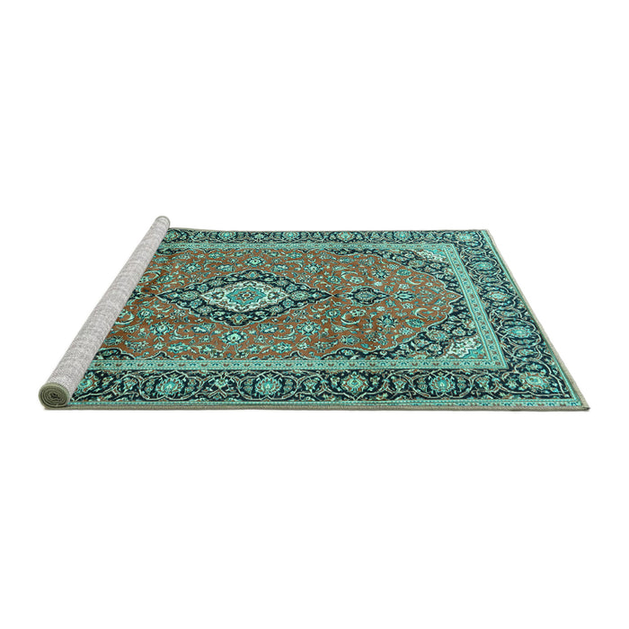 Sideview of Machine Washable Medallion Turquoise Traditional Area Rugs, wshtr3381turq