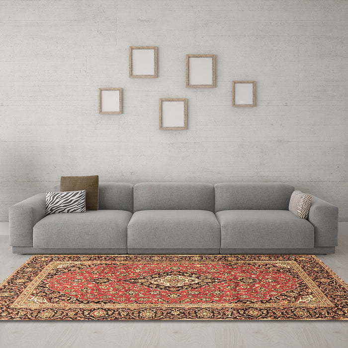 Machine Washable Medallion Brown Traditional Rug in a Living Room,, wshtr3381brn