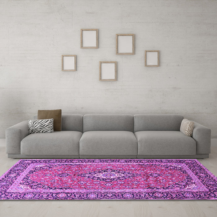 Machine Washable Medallion Purple Traditional Area Rugs in a Living Room, wshtr3381pur