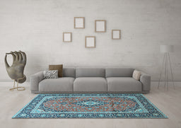 Machine Washable Medallion Light Blue Traditional Rug in a Living Room, wshtr3381lblu