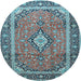 Round Machine Washable Medallion Light Blue Traditional Rug, wshtr3381lblu