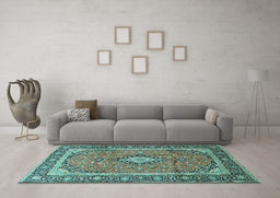 Machine Washable Medallion Turquoise Traditional Area Rugs in a Living Room,, wshtr3381turq