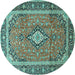 Round Machine Washable Medallion Turquoise Traditional Area Rugs, wshtr3381turq