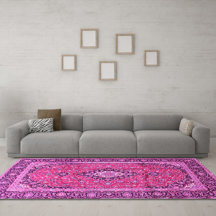Machine Washable Medallion Pink Traditional Rug in a Living Room, wshtr3381pnk