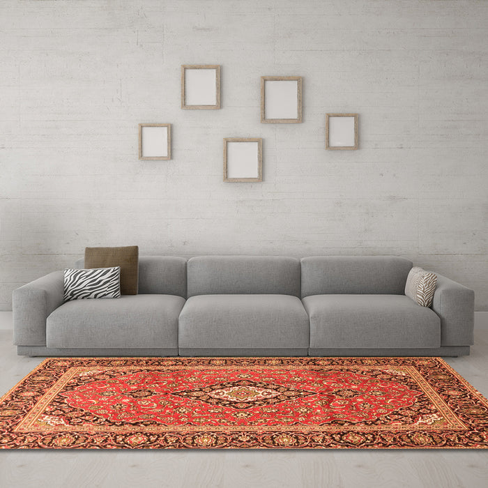 Machine Washable Medallion Orange Traditional Area Rugs in a Living Room, wshtr3381org