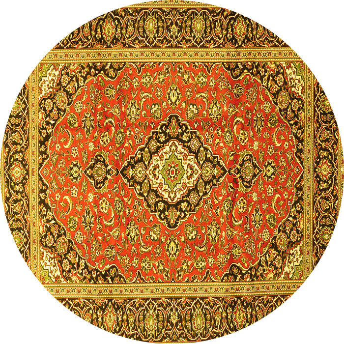 Round Machine Washable Medallion Yellow Traditional Rug, wshtr3381yw