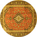 Round Machine Washable Medallion Yellow Traditional Rug, wshtr3381yw