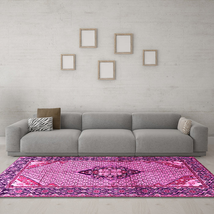 Machine Washable Persian Pink Traditional Rug in a Living Room, wshtr3382pnk