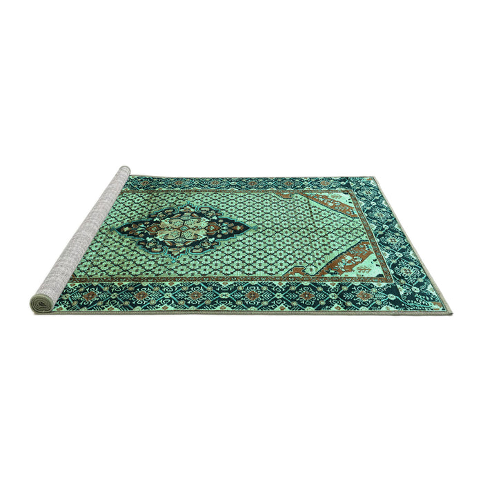 Sideview of Machine Washable Persian Turquoise Traditional Area Rugs, wshtr3382turq