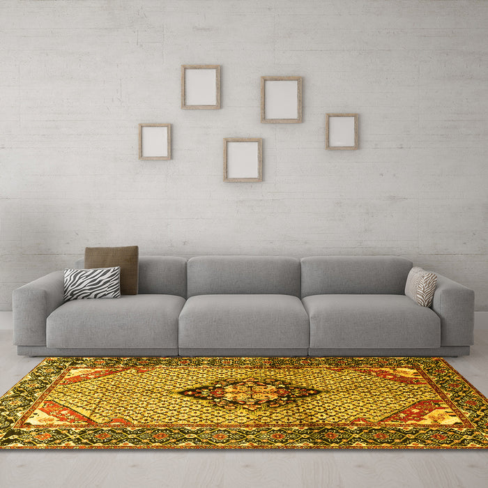 Machine Washable Persian Yellow Traditional Rug in a Living Room, wshtr3382yw