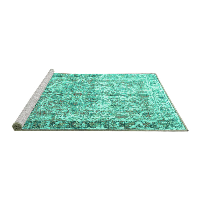 Sideview of Machine Washable Persian Turquoise Traditional Area Rugs, wshtr3383turq